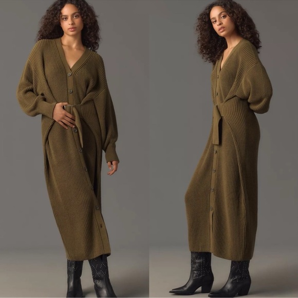 Anthropologie | Dresses | By Anthropologie Longsleeve Belted Cardigan  Sweater Midi Dress Green | Poshmark